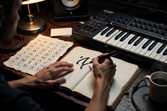 Hands writing instrument tag keywords on a printed studio cheat sheet beside a MIDI keyboard controller