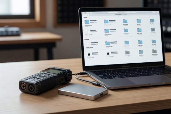 Handheld field recorder and studio SSD drive resting beside a laptop displaying a clean three-level sample directory