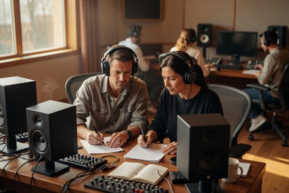 Two audio editors taking notes on paper while listening to studio monitors in a warm daylight room