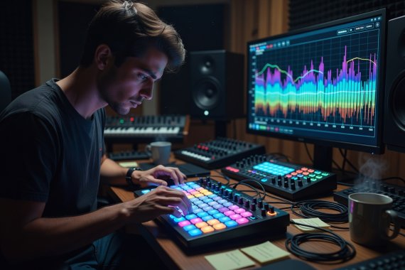 Producer triggering loop clips on a grid controller while checking EQ spectrum analyzer on a studio screen