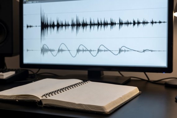 Close-up of a producer's notebook beside a monitor displaying a sharp drum transient above a four-bar melodic loop